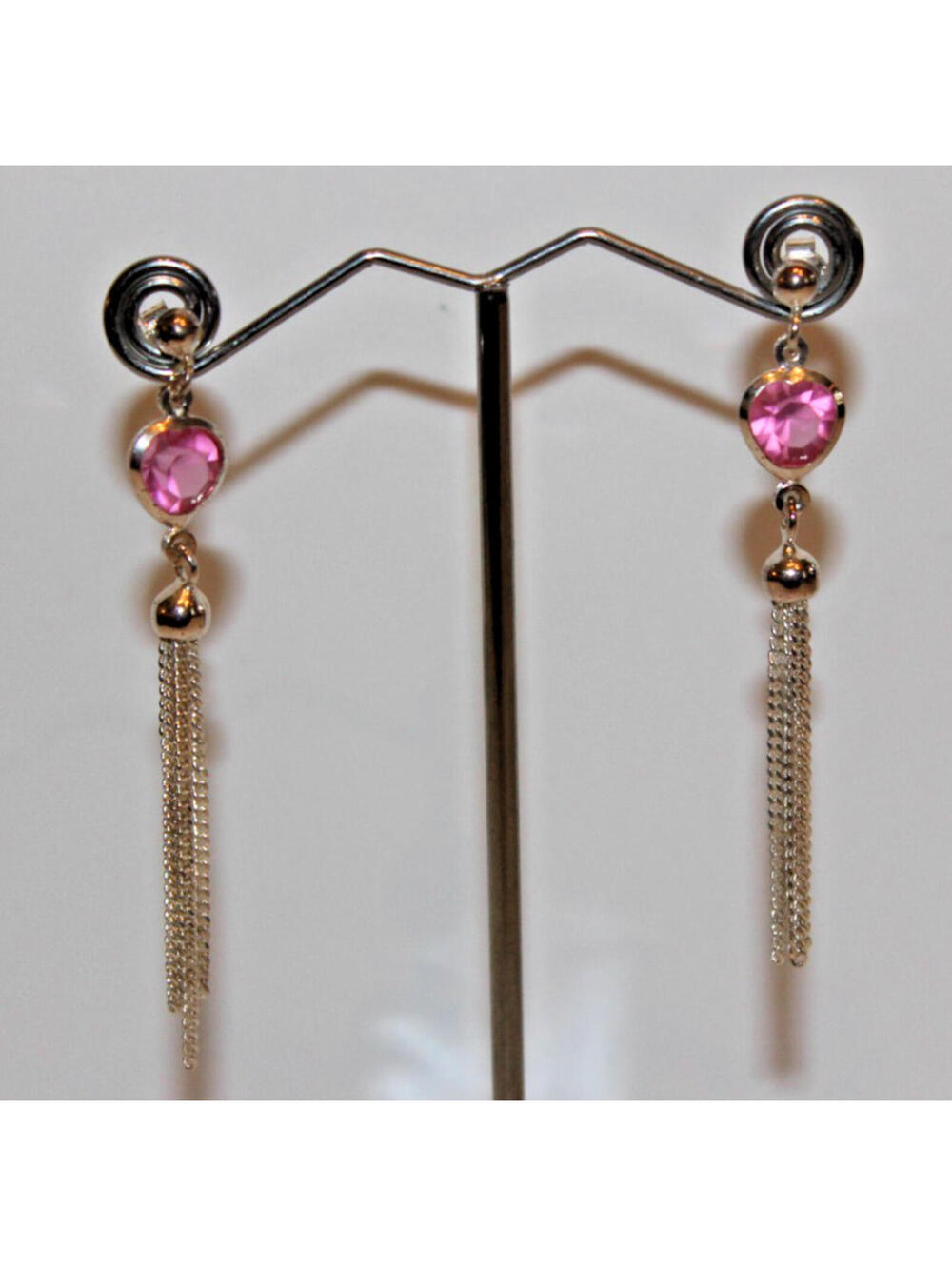 Vintage Milor Italy 925 Sterling Silver Pink Heart Tassel Dangle Earrings 2.5"